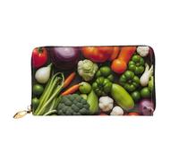 Introduction of Various Vegetables Print Cell Phone Credit Card Wallet Leather Wallet for Women Zipper Pocket Black One Size Black One Size Black One Size, Black/White, One Size