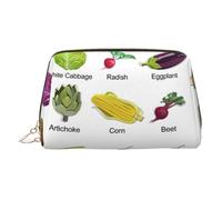 Introduction of Various Vegetables Print Leather Cosmetic Pouch, Leather Makeup Bag for Purse with Top Zip Closure Stylish Toiletry Bag