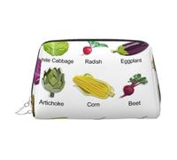 Introduction of Various Vegetables Print Leather Cosmetic Pouch, Leather Makeup Bag for Purse with Top Zip Closure Stylish Toiletry Bag