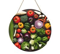 Introduction of Various Vegetables Print Round Wooden Wall Art Decor Circle Wood Plaque for Home Living Room Bedroom
