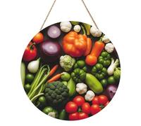 Introduction of Various Vegetables Print Round Wooden Wall Art Decor Circle Wood Plaque for Home Living Room Bedroom