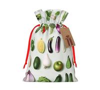 Introduction of various vegetables Printed Christmas Drawstring Bags for Christmas Party Xmas Gift Wrapping, Red Ribbon, S