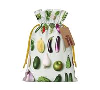 Introduction of various vegetables Printed Christmas Drawstring Bags for Party Xmas Gift Wrapping, Yellow Christmas Ribbon, M