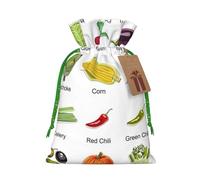 Introduction of various vegetables Printed Christmas Drawstring Bags with Green Christmas Ribbon - Reusable Burlap Drawstring Gift Pouches, M