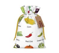 Introduction of various vegetables Printed Christmas Drawstring Bags with Yellow Christmas Ribbon - Reusable Burlap Drawstring Gift Pouches, M