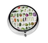Introduction of Various Vegetables Printed Round Pill Organizer with 3 Compartments, Portable Mini Pill Box Pill Case for Medicine, Vitamin, Fish Oil, Supplements