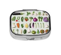 Introduction of Various Vegetables Printed Square Pill Organizer with 2 Compartments, Portable Mini Pill Box Pill Case for Medicine, Vitamin, Fish Oil, Supplements