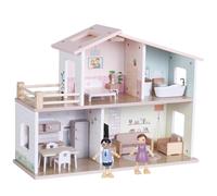 Introductory Offer - Jumini Wooden Dolls House - Modern Open Plan Dollhouse with 2 Dolls & 15 Furniture Accessories, Compact Sustainable Toy for Kids 3+