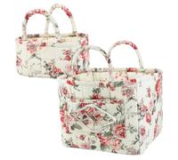 Introti 2Pcs Elegant Pastoral Storage Basket with Carry Handles Floral Pattern Laundry Hampers Washable Foldable Sundries Organizer for Home Picnic Shopping Travel (2916)