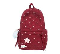 Introti Cute Quilted Backpack Nylon Padded Embroidery Pendant Book Bag (Wine Red)