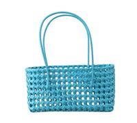 Introti Solid Color Weave Tote Bag with Handle Simple Woven Shoulder Bag Handheld Picnic Basket Hollow Woven Shoulder Purse for Outdoor Fruit Picking Flower Arranging (Sky Blue)