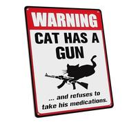 Introti Warning Cat Has Gun Refuses Take Medication Funny Cat Lover Humor Sign Decorative Tin Signs Art Plaque Poster for Outdoor Patio/Garage/Bar