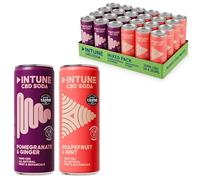 INTUNE CBD Drink Variety Pack | Pomegranate and Ginger | Grapefruit and Mint |Natural, Vegan, Low Calorie Drink | CBD Infused Soft Drinks | CBD can | 24 x 250ml Cans