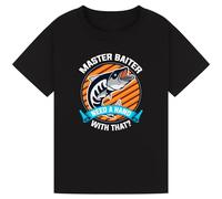 Invading Fishing Enthusiasts' Humorous T-Shirt - 'Master Baiter, Need a Hand with That?' - Perfect for Men, Women, Girls & Boys! Black L