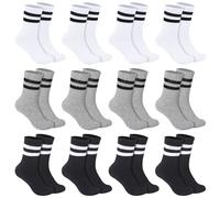 Invalidism 12 Pairs Kids Socks Junior Cotton School Sports Socks, Black White Grey Striped Crew Athletic Socks, Casual Stretchy Socks for Boys Girls Toddler 3-16 Years (12-16 Years)