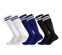Invalidism 3 Pairs Kids Football Socks, Childrens Football Socks Kids Breathable Soccer Sock Long Football Socks for Sporting Running Training Socks for Children Aged 5-12(Black+White+Blue)