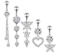Invalidism 5 Pcs Belly Button Bars,Stainless Steel Belly Bars Sterling,Flower Butterfly Tassel Heart Navel Rings,Hypoallergenic Belly Button Piercing Jewellery