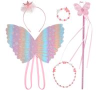 Invalidism 5 PCS Fairy Costume for Girls, Pink Butterfly Fairy Wings Wands Tiaras Necklace Bracelet Dress Up Costume for Party Birthday Halloween Photography Props
