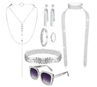 Invalidism 8 Pcs 70s Abba Accessories Set,1970s Abba Costume Set with Sequin Headband Long Scarf Necklace Bracelet Earrings Ring Sunglasses for Disco Theme Party Hippie Costume