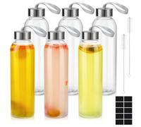Invalidism Glass Bottles with Lids, 6 Pack 500ml Empty Glass Water Bottles, Airtight, Leakproof, Stainless Steel Lids, Smoothies, Juice Bottles with Cleaning Brush for Work, Gym, Home