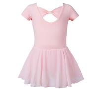 Invalidism Pink Girls Ballet Dress Short Sleeve Ballet Outfit Gymnastics Ballet Dance Leotard With Bow Cotton For Girls 3-10 Years(110CM)