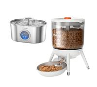 Invengo Cat Feeder & Water Fountain Bundle - 2.2L Stainless Steel Cat Water Fountain with Quiet Pump & LED Level Window + 3L Automatic Cat Feeder with Timer, One-Touch Feeding & Dual Power Supply