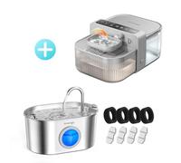 Invengo Cat Water Fountain Bundle - 2.2L Stainless Steel Fountain with Filters + Smart Wireless 3.5L Pet Fountain, Visible Water Window, Auto Refill, Ultra-Quiet Battery Powered