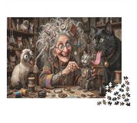 Inventor Grandma And Cats Premium 1000 Pieces Thick Cardboard Puzzle Steampunk Workshop for Older Children 12+ Anxiety Relief Indoor Activity 38x26cm/1000pcs