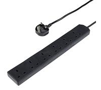 Invero 6 Way Gang Power Mains Extension Lead 10M Metre Cable British Approved 13A Amps - Black
