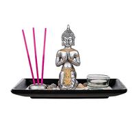 Invero Modern Buddha Ornament Statue Decoration Set Burner - Wooden Tray, Glass-Tealight Holder, 3 Incense Sticks with Holder, Stones and Décor Sand - Black