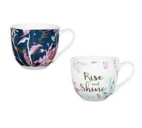 Invero Set of 2 Large 12oz (340ml) Printed Coloured Stoneware Mugs Cups Ideal for Hot Drinks, Afternoon Tea, Coffee, Latte, Hot Chocolate and More