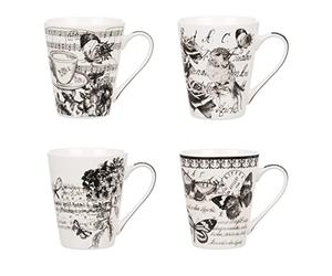 Invero Set of 4 Kitchen Vintage Printed Design Stoneware Mugs Cups 10.5oz - Ideal for Tea, Coffee, Latte, Hot Chocolate, Gifts and More