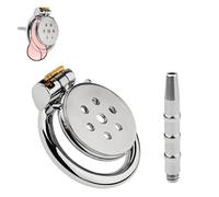 Inverted Chastity Cage with Urethral Catheter Steel Stainless Flat Chastity Cage Chastity Device Chastity Lock Beginner Cage Metal Beginner Device Penis Ring to Prevent Erection Bondage for Men