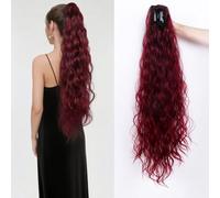 Invisible Claw Clip in Ponytail Hairpiece Synthetic 32inch Long Loose Curly Colorful Pony Tail Hair Extension (Wine Red)