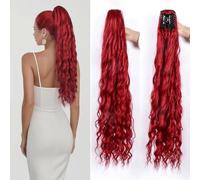 Invisible Claw Clip Ponytail Extension for Women 32 Inch Loose Curly High Ponytails Hairpiece Synthetic Fake Pony Tail Hair Piece(Wine Red)