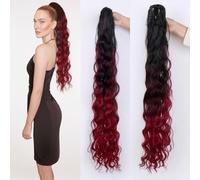 Invisible Claw Clip Ponytail Extension for Women 32 Inch Loose Curly High Ponytails Hairpiece Synthetic Fake Pony Tail Hair Piece(Black Ombre Wine Red)
