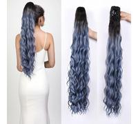 Invisible Claw Clip Ponytail Extension for Women 32 Inch Loose Curly High Ponytails Hairpiece Synthetic Fake Pony Tail Hair Piece(Black Ombre Blue)