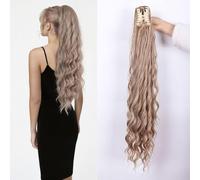 Invisible Claw Clip Ponytail Extension for Women 32 Inch Loose Curly High Ponytails Hairpiece Synthetic Fake Pony Tail Hair Piece(Ash Brown with Blonde Highlights)