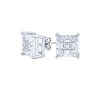 Invisible Cut Square Princess Cut CZ Checkboard Cubic Zirconia Prong Basket Set Stud Earrings .925 Sterling Silver