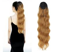 Invisible One Piece Clip in Ponytail Hairpiece 28inch Water Wavy Synthetic Drawstring Ponytail Extension For Women Long Thick Fluffy Ponytail (Black Ombre 27#)