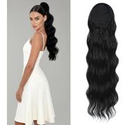 Invisible One Piece Clip in Ponytail Hairpiece 28inch Water Wavy Synthetic Drawstring Ponytail Extension For Women Long Thick Fluffy Ponytail (1B# Jet Black)