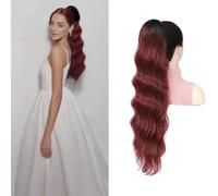 Invisible One Piece Clip in Ponytail Hairpiece 28inch Water Wavy Synthetic Drawstring Ponytail Extension For Women Long Thick Fluffy Ponytail (Black Ombre Wine Red)