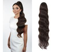 Invisible One Piece Clip in Ponytail Hairpiece 28inch Water Wavy Synthetic Drawstring Ponytail Extension For Women Long Thick Fluffy Ponytail (4# Black Brown)