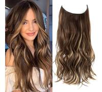 Invisible Wire Brown Hair Extensions with Caramel Blonde Highlights - 20 Inch Wavy Pieces - Friendly Synthetic Hair