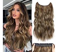 Invisible Wire Hair Extensions with Adjustable Transparent Wire, Secret Wire Hair Extensions with 2 Secure Clips, 20 Inch Synthetic Wavy Hair Pieces for Women (Color: Blonde Highlighted Medium Brown)