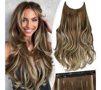 Invisible Wire Hair Extensions with Transparent Wire Adjustable Size 4 Secure Clips Long Wavy Secret Hairpiece 20 Inch for Women(Light Brown with Caramel Blonde)