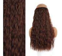 Invisible Wire Hair Pieces for Women Wavy Curly Halo Hair Extension Adjustable Transparent Headband Synthetic Heat Resistant Fiber(Brown)