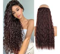 Invisible Wire Hair Pieces for Women Wavy Curly Halo Hair Extension Adjustable Transparent Headband Synthetic Heat Resistant Fiber(Brown Red)