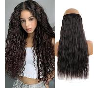 Invisible Wire Hair Pieces for Women Wavy Curly Halo Hair Extension Adjustable Transparent Headband Synthetic Heat Resistant Fiber(Black Brown)