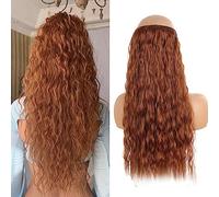 Invisible Wire Hair Pieces for Women Wavy Curly Halo Hair Extension Adjustable Transparent Headband Synthetic Heat Resistant Fiber(Ginger Orange)